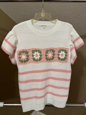 Main Strip White Pink Green Crochet Floral Stripe Knit Top